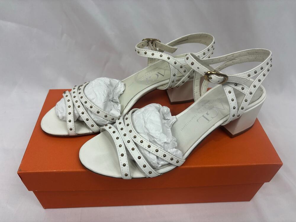 AGL Bianco White Leather Studded Block Heel Sandals Size 7.5